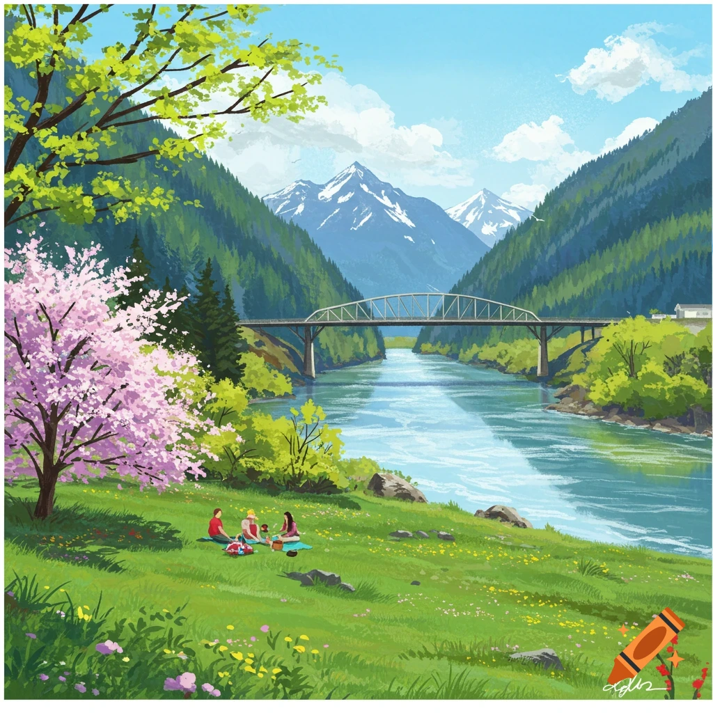 Illustrative landscape of a river valley with mountains, a bridge, pink blossoms, and people picnicking on a grassy bank.