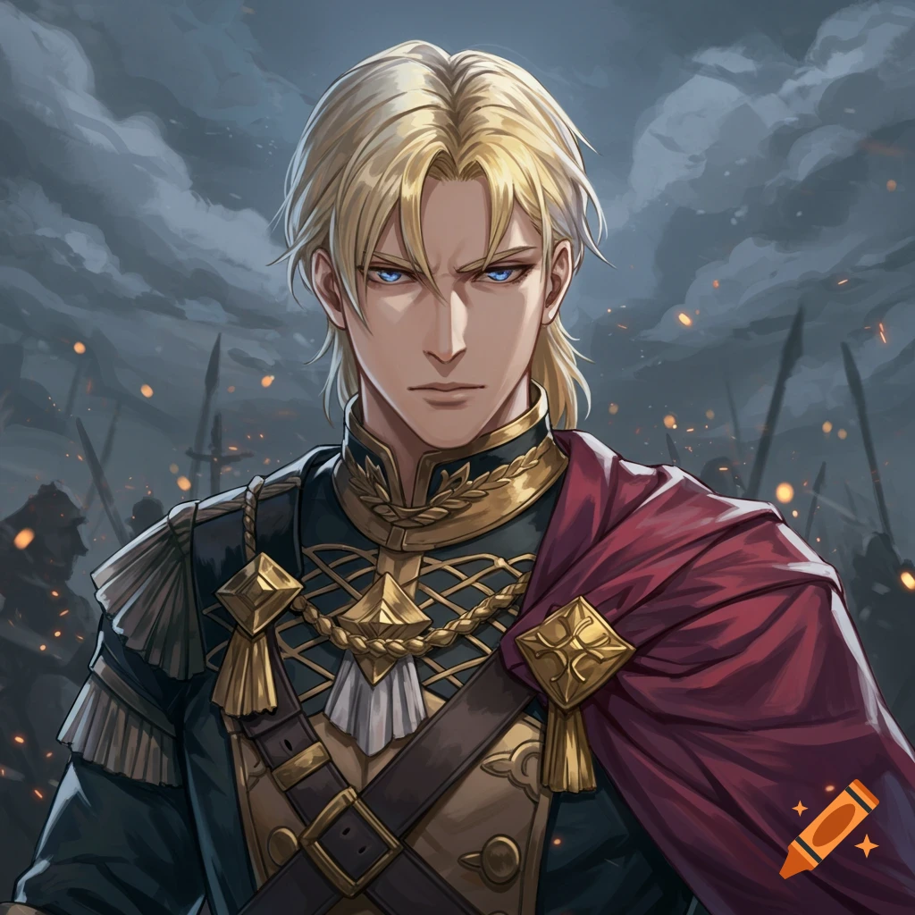 Anime portrait of a blonde male character in blue and gold military uniform with a red cape, set against a battlefield background.