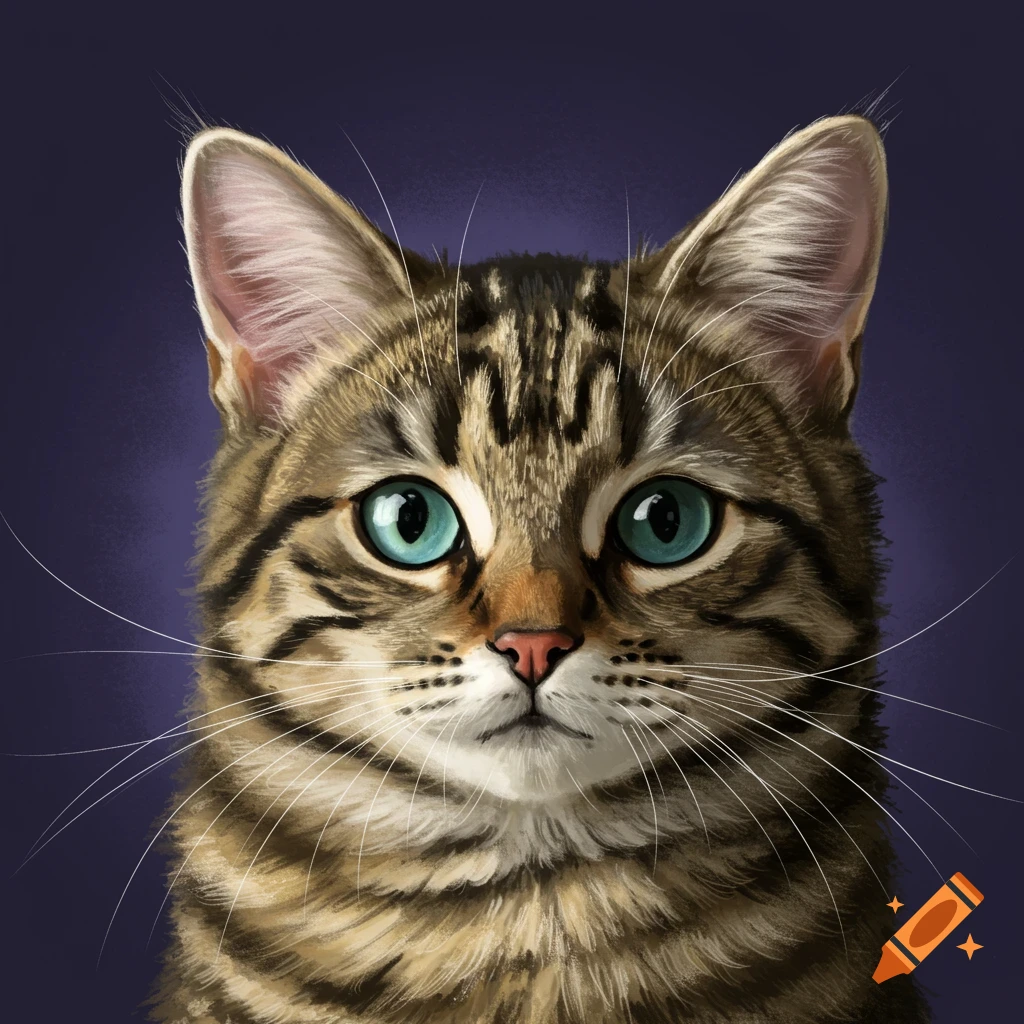 Close-up portrait of a tabby cat with bright blue eyes on a dark purple background.