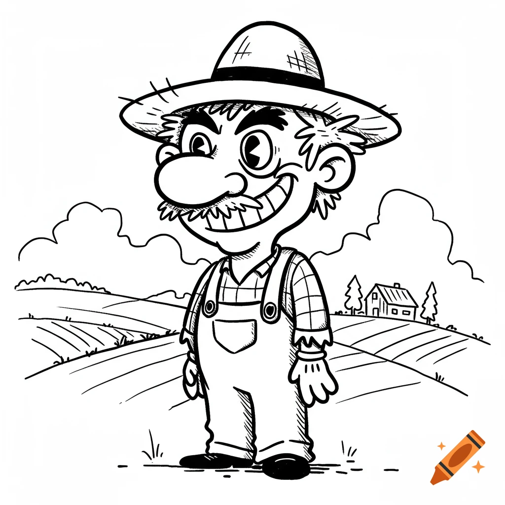 Black and white cartoon drawing of a grinning farmer in overalls and straw hat standing in a field.