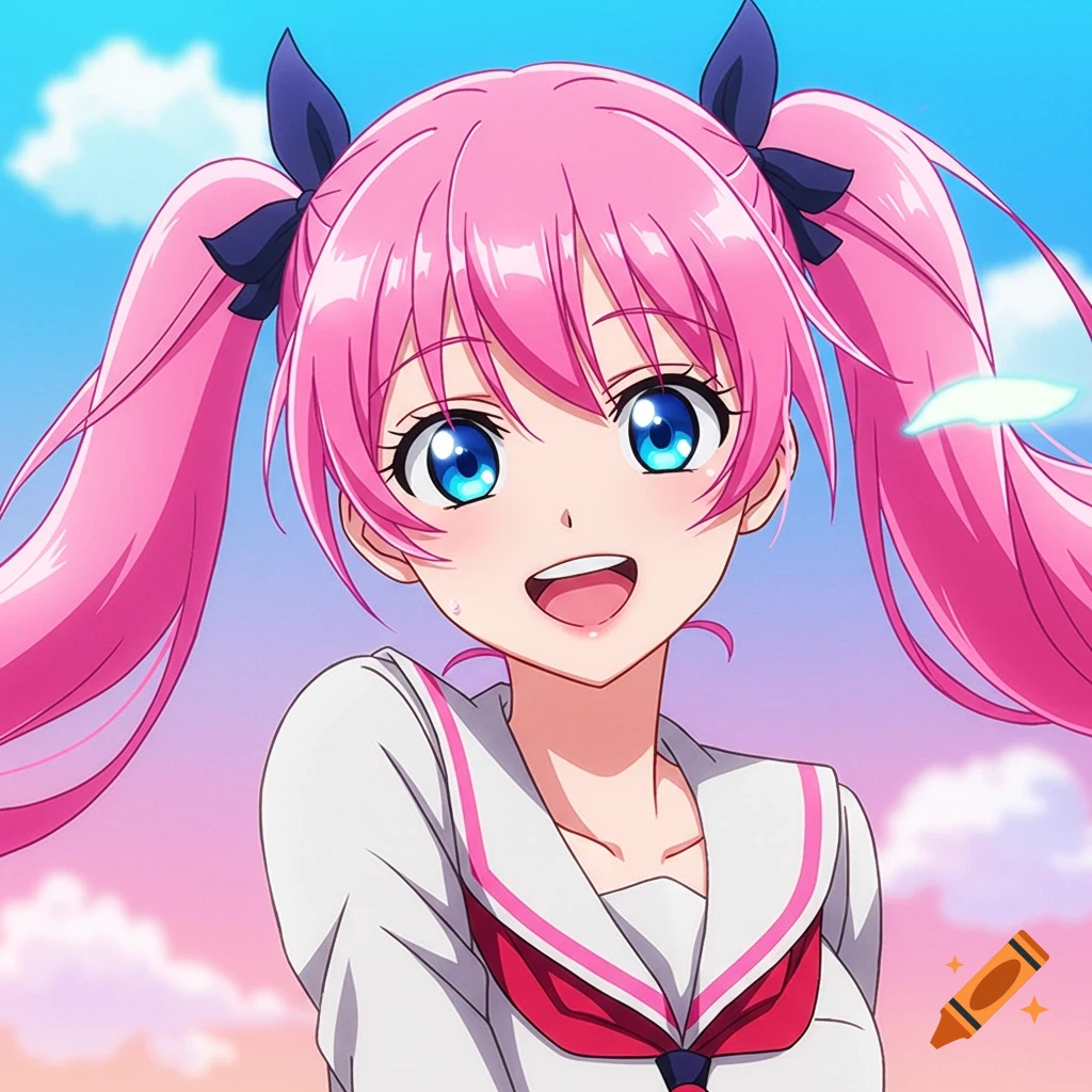 Close-up of a smiling anime girl with pink pigtails in a school uniform.