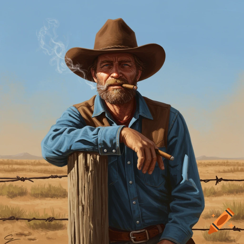 Painting of a cowboy leaning on a fence post, smoking a cigar in a field.