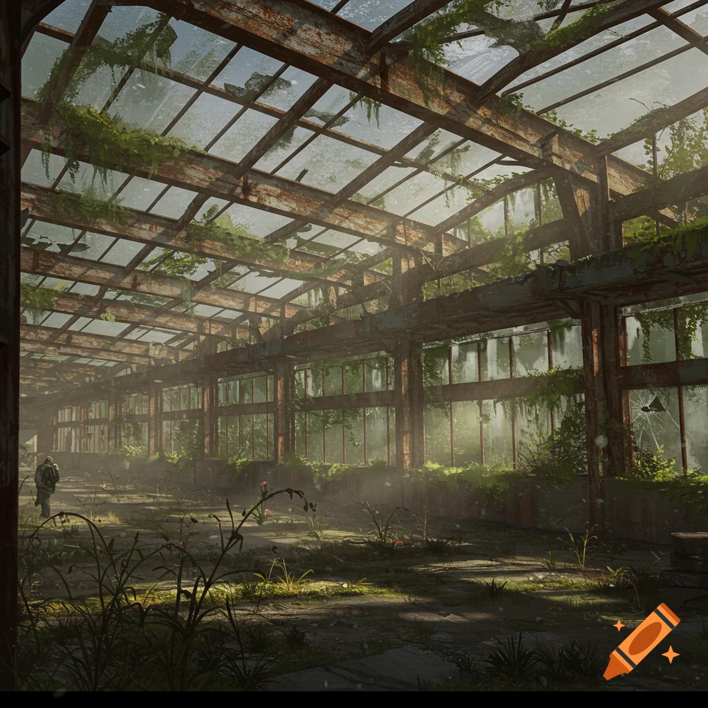 Inside a large, ruined greenhouse overgrown with plants in a post-apocalyptic setting.