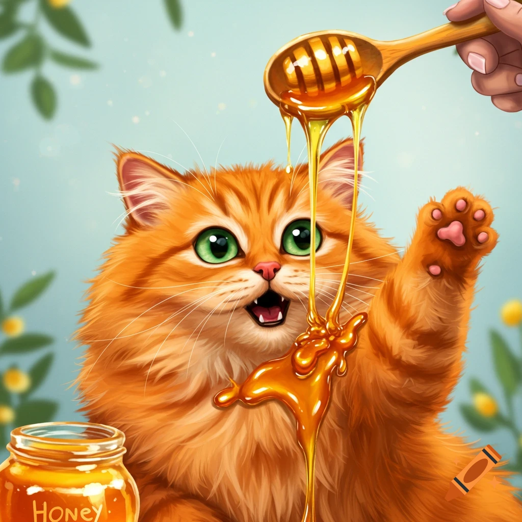 A fluffy orange cat reaches for honey poured from a dipper into a jar in an illustration.