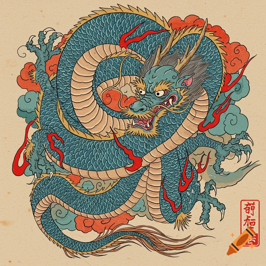 A blue dragon in traditional woodblock carving style surrounded by clouds and flames.