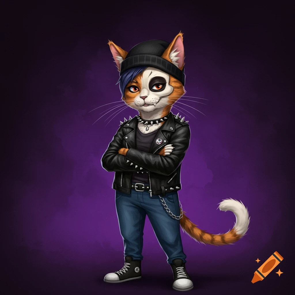 Stylized illustration of a calico cat character in punk clothing, including a beanie, leather jacket, and jeans.