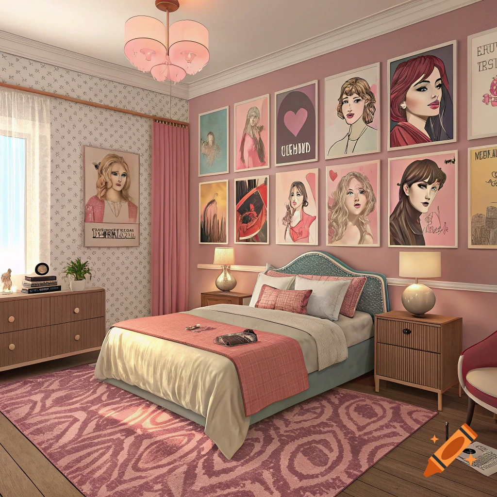 A pink bedroom decorated with posters themed after Taylor Swift albums.