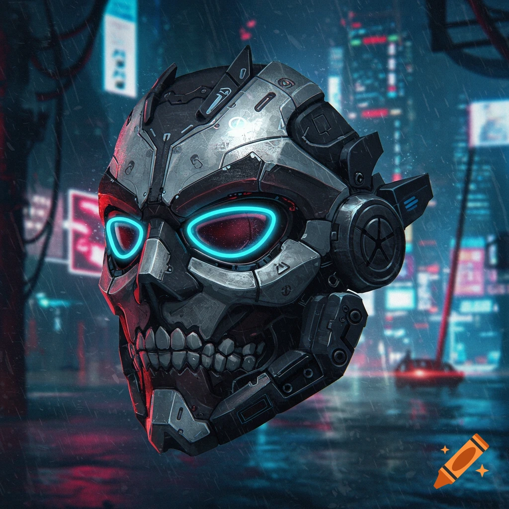 A metallic futuristic mask resembling a skull with glowing blue eyes floats in a rainy cyberpunk city.