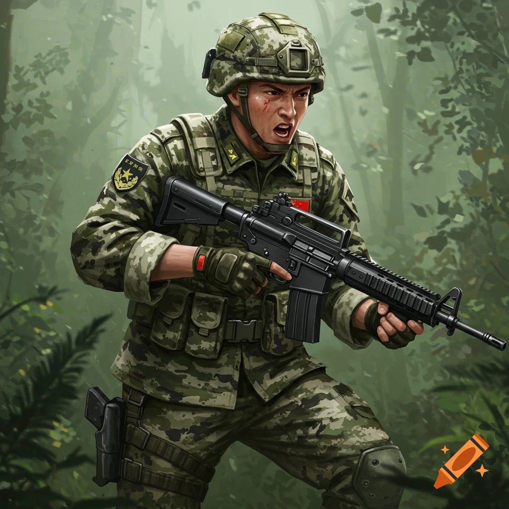 Illustration of a Chinese soldier in camouflage uniform holding a rifle in a forest, with facial injuries.