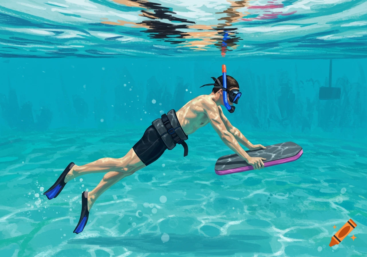 Illustration of a person snorkeling underwater with a flutter board, fins, and flotation belt.
