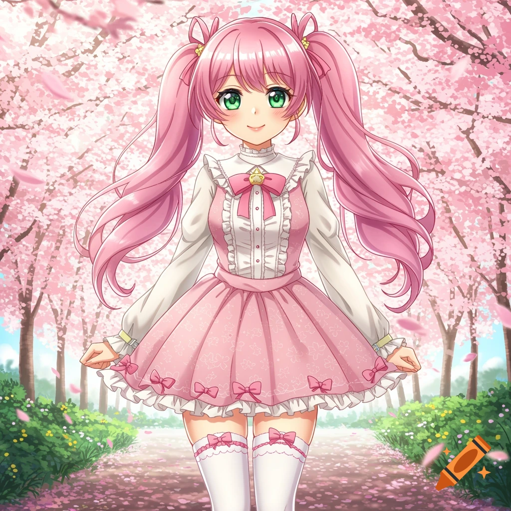 Anime girl with pink hair and dress under cherry blossom trees
