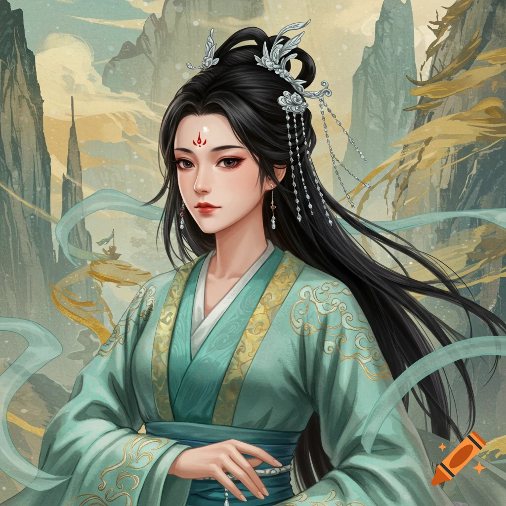 Digital illustration of a female character in traditional Chinese clothing in a mountainous landscape.
