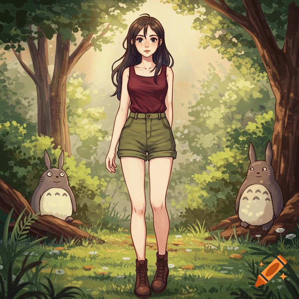 A young woman stands in a sunlit forest clearing with two large, friendly forest creatures, in a Studio Ghibli-inspired anime style.