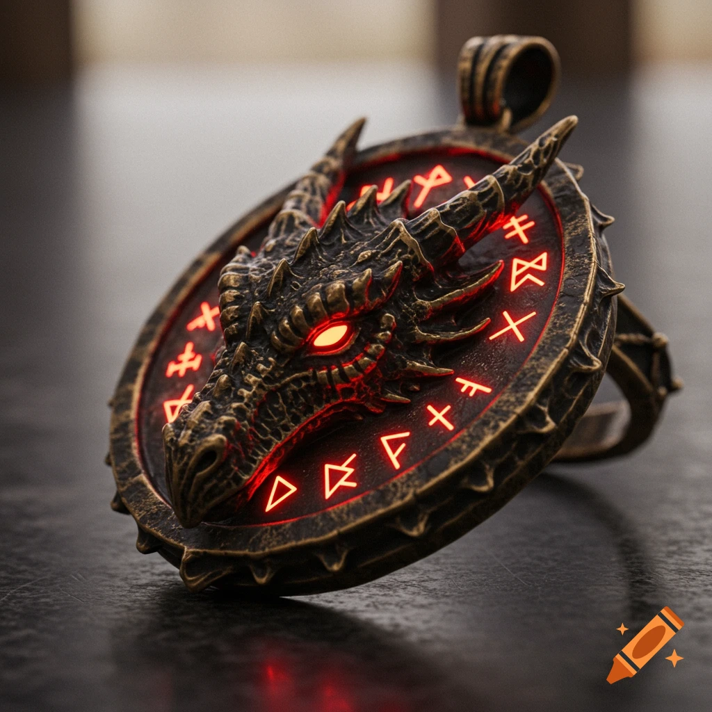 A close-up photorealistic image of a dark metal dragon head amulet with glowing red symbols.
