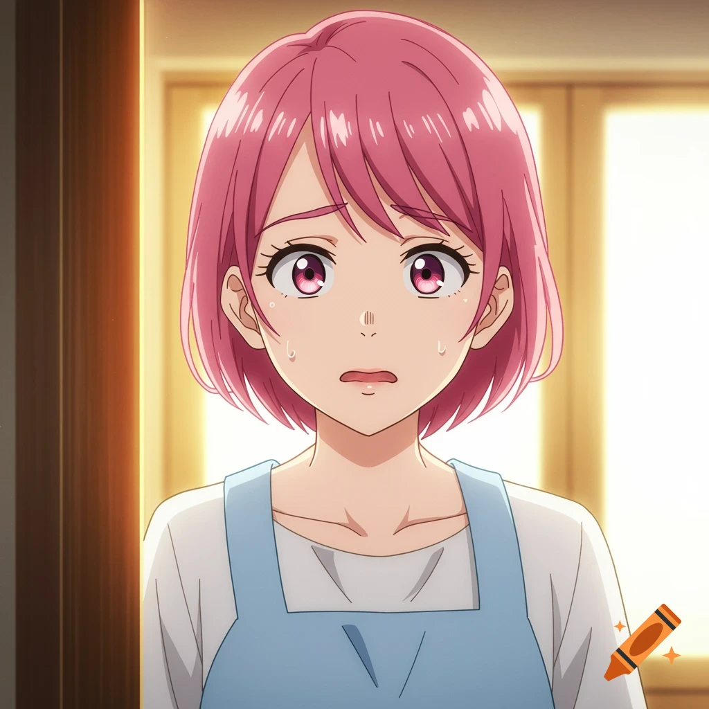 An anime woman with pink hair and a blue apron looks concerned in a bright doorway.