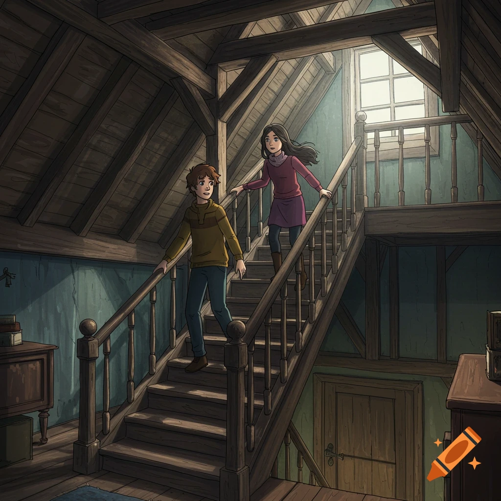 Two children walk up wooden stairs in an old attic illustration.