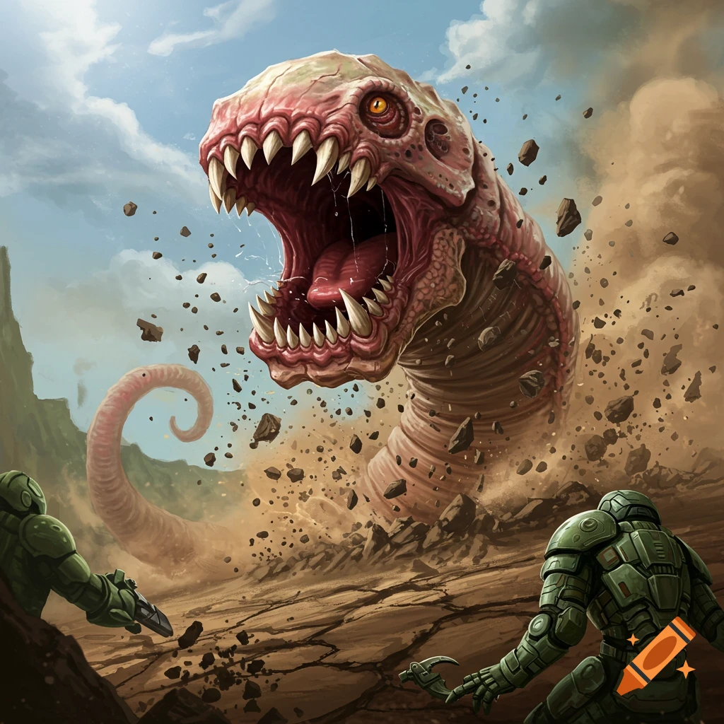 A giant worm monster erupts from the desert ground as soldiers react.