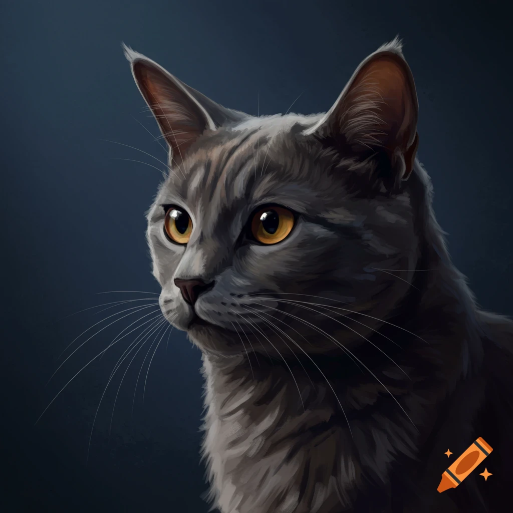 A close-up painterly portrait of a grey cat with orange eyes.