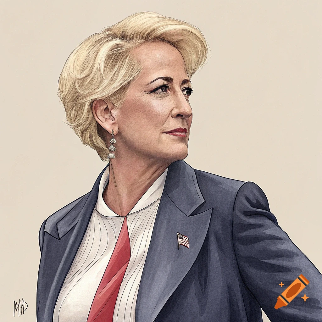 Illustration of a woman with blonde hair wearing a suit and tie, looking right