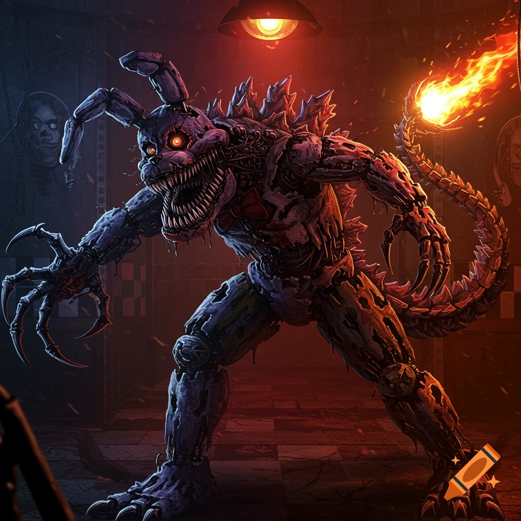 A terrifying Five Nights at Freddy's and Godzilla monster amalgamation stands in a dark room with glowing eyes and a fiery tail.