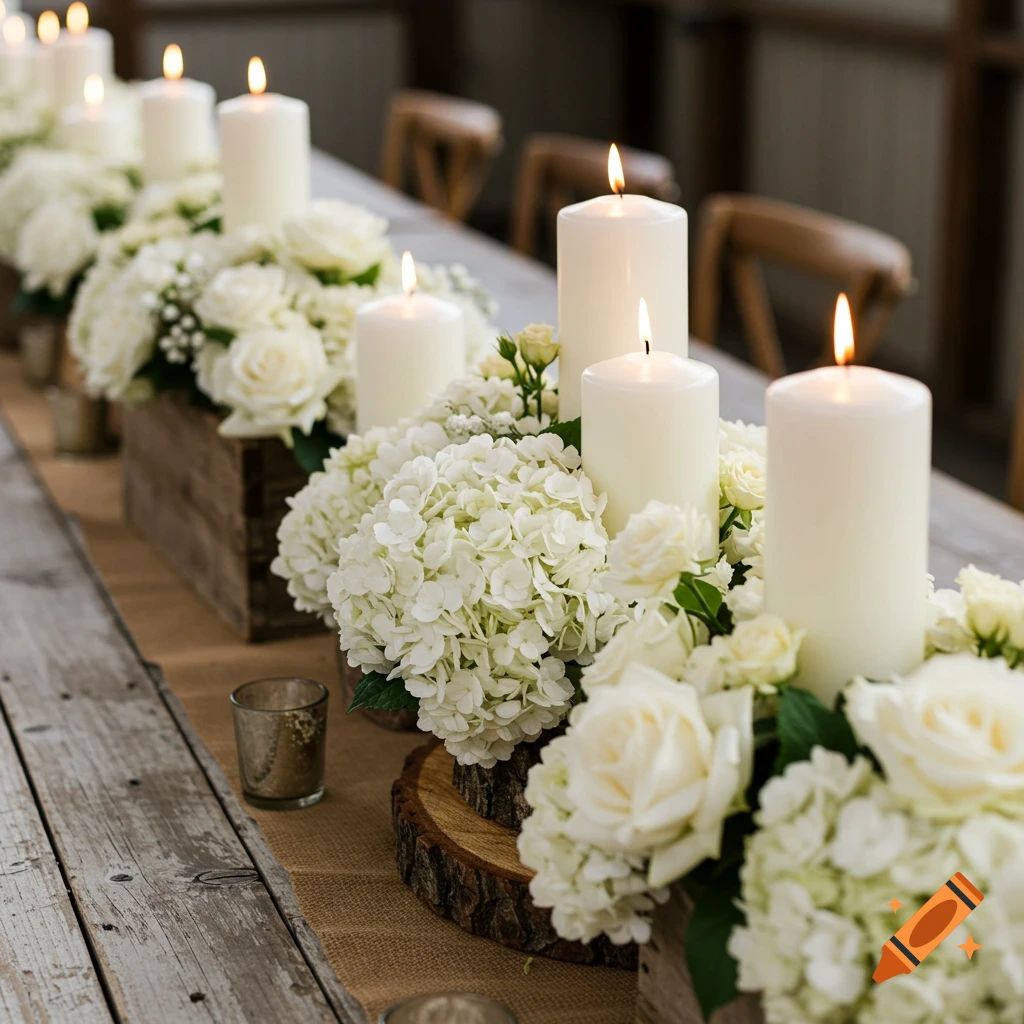 Wedding table centerpiece with pillar candles, white hydrangeas and roses, wood accents, and a burlap runner.