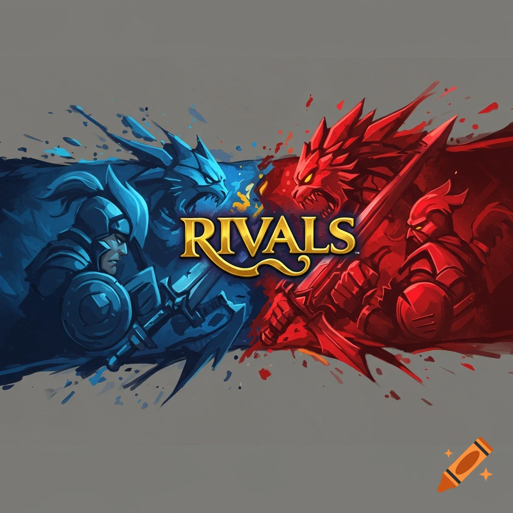 Split banner artwork showing a blue warrior and dragon facing a red warrior and dragon, with the word RIVALS in the center.