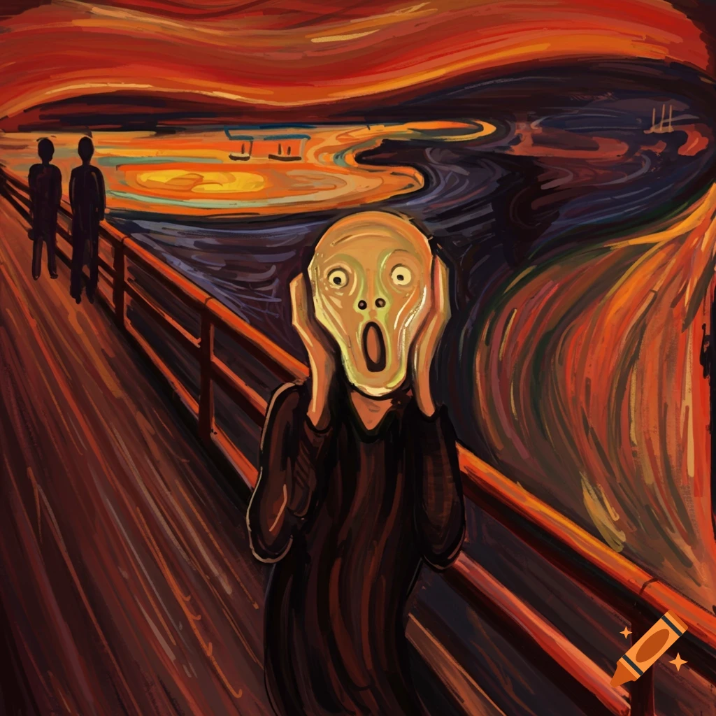 A figure on a bridge screaming with hands on face, similar to Edvard Munch's The Scream.