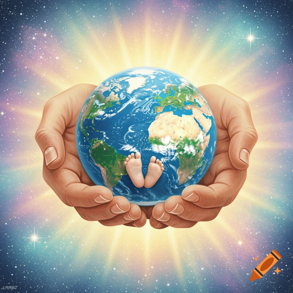 Hands hold the Earth, with baby feet visible at the bottom, against a starry background with glowing light.