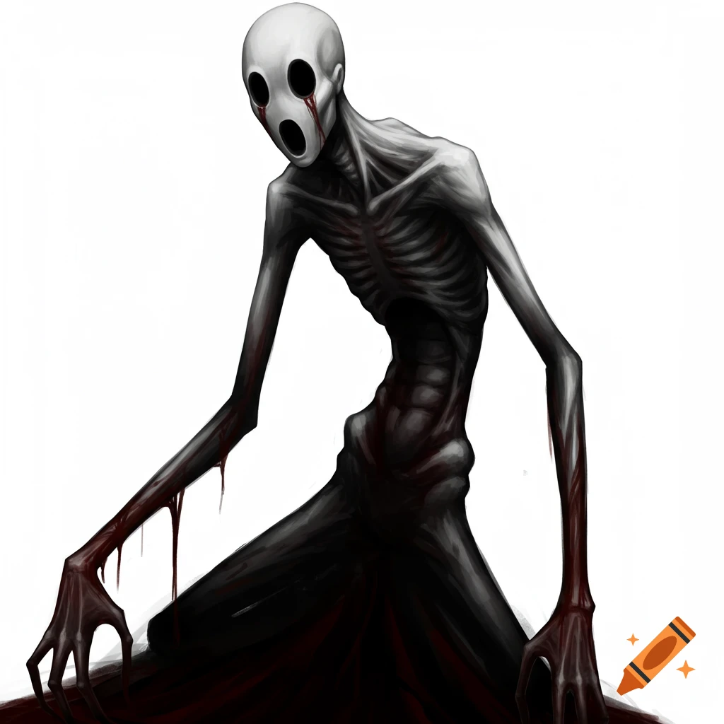 An illustration of a tall, emaciated pale humanoid creature with long arms, black holes for eyes and mouth, and a dark substance dripping from its limbs and body.