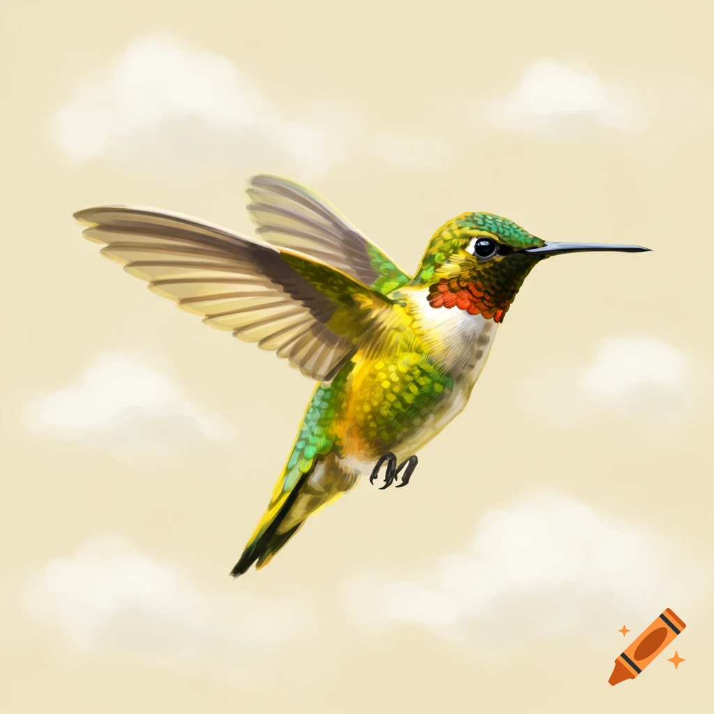 A colorful hummingbird in flight against a light background.