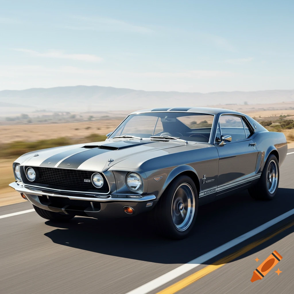 A classic grey Ford Mustang drives on a road through a sunny landscape.
