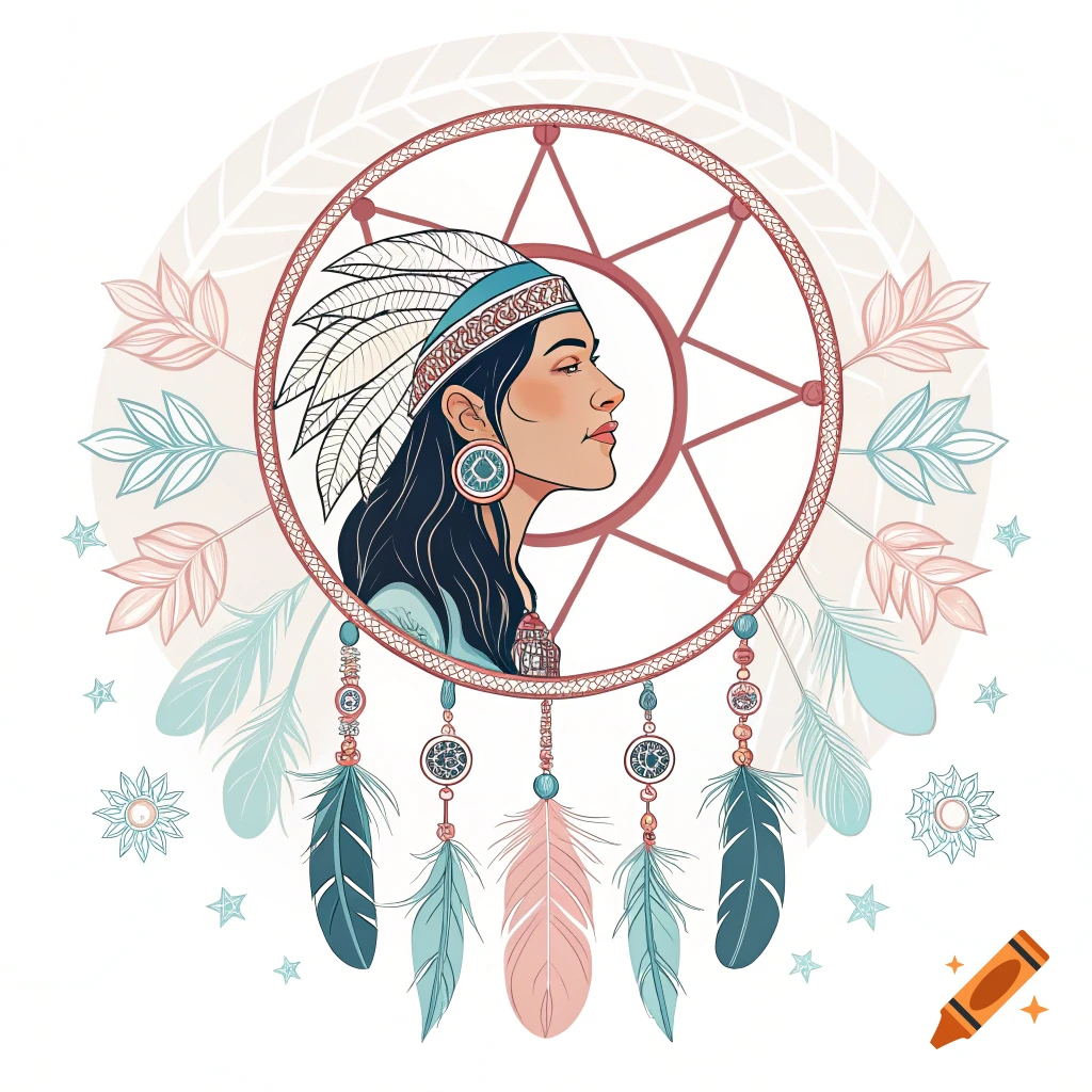 Illustration of a woman in a headdress inside a dreamcatcher with feathers and decorative elements.