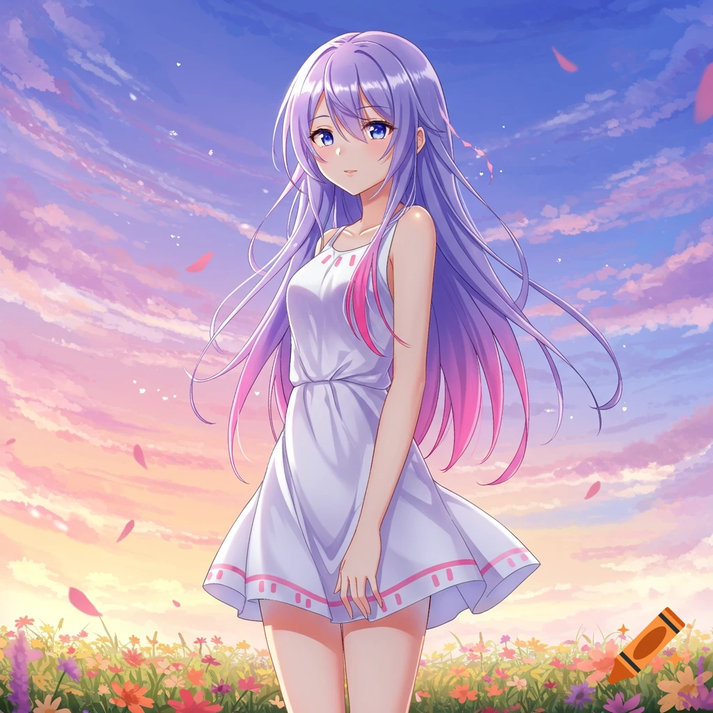 Anime girl with purple hair and pink tips in a white dress standing in a field of flowers at sunset.