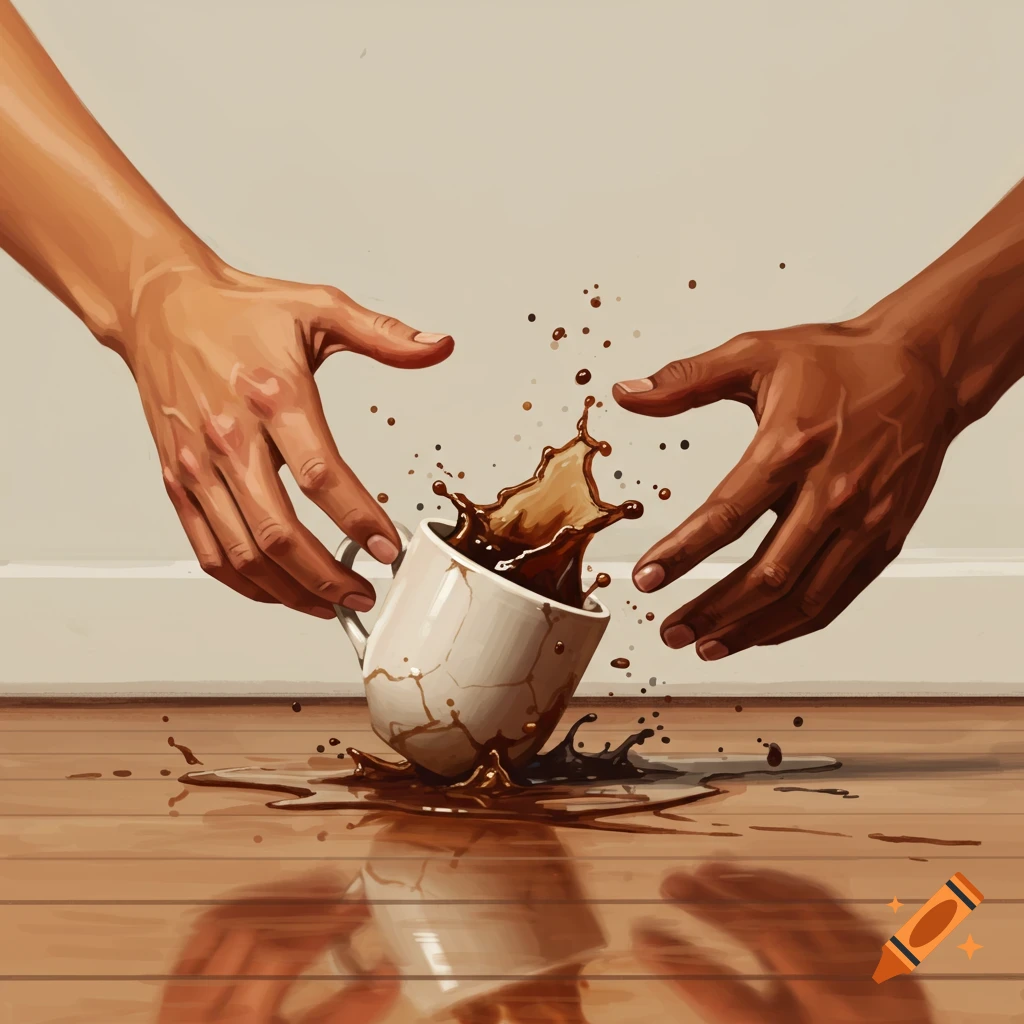 Two hands drop a coffee mug, spilling coffee on a wooden floor