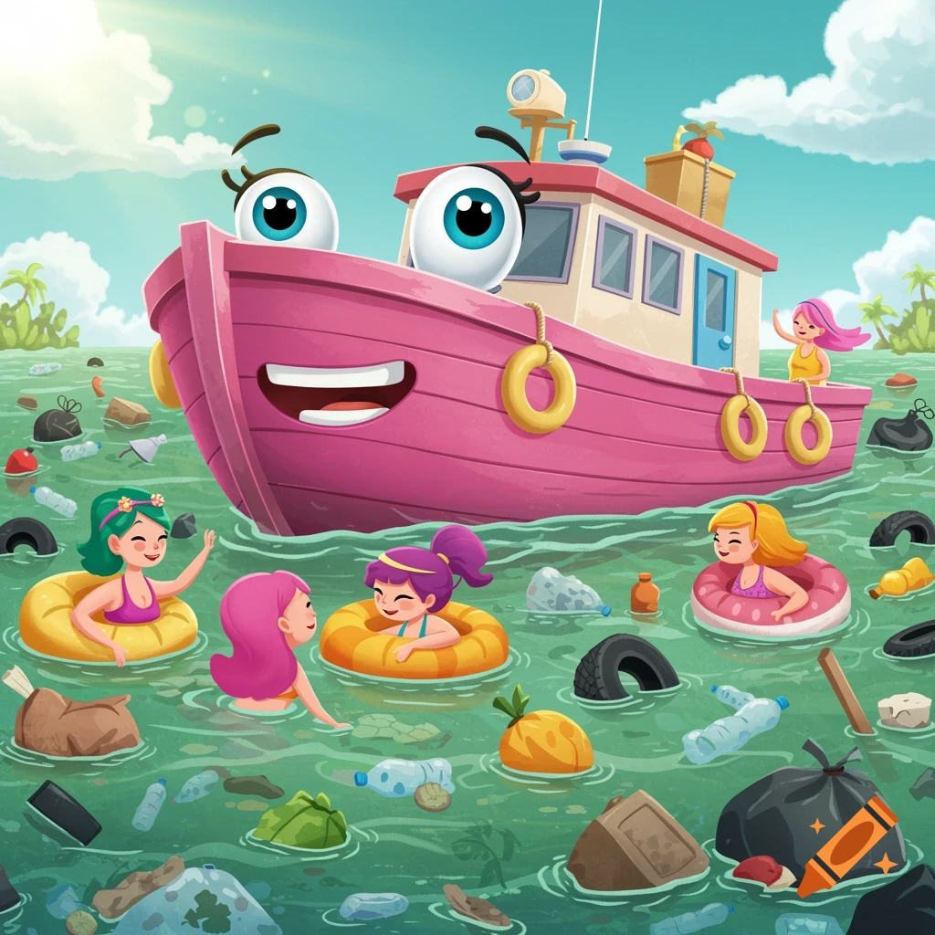 Cartoon pink boat with a face in the water surrounded by trash and women in inner tubes.