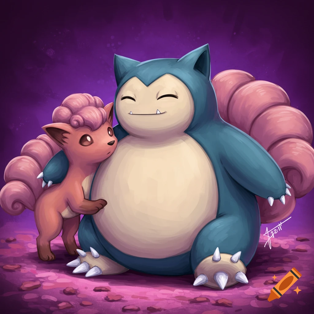 Illustration of Snorlax and Vulpix hugging