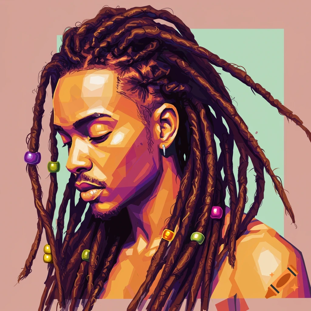 Stylized portrait of a person with dreadlocks and colorful beads.