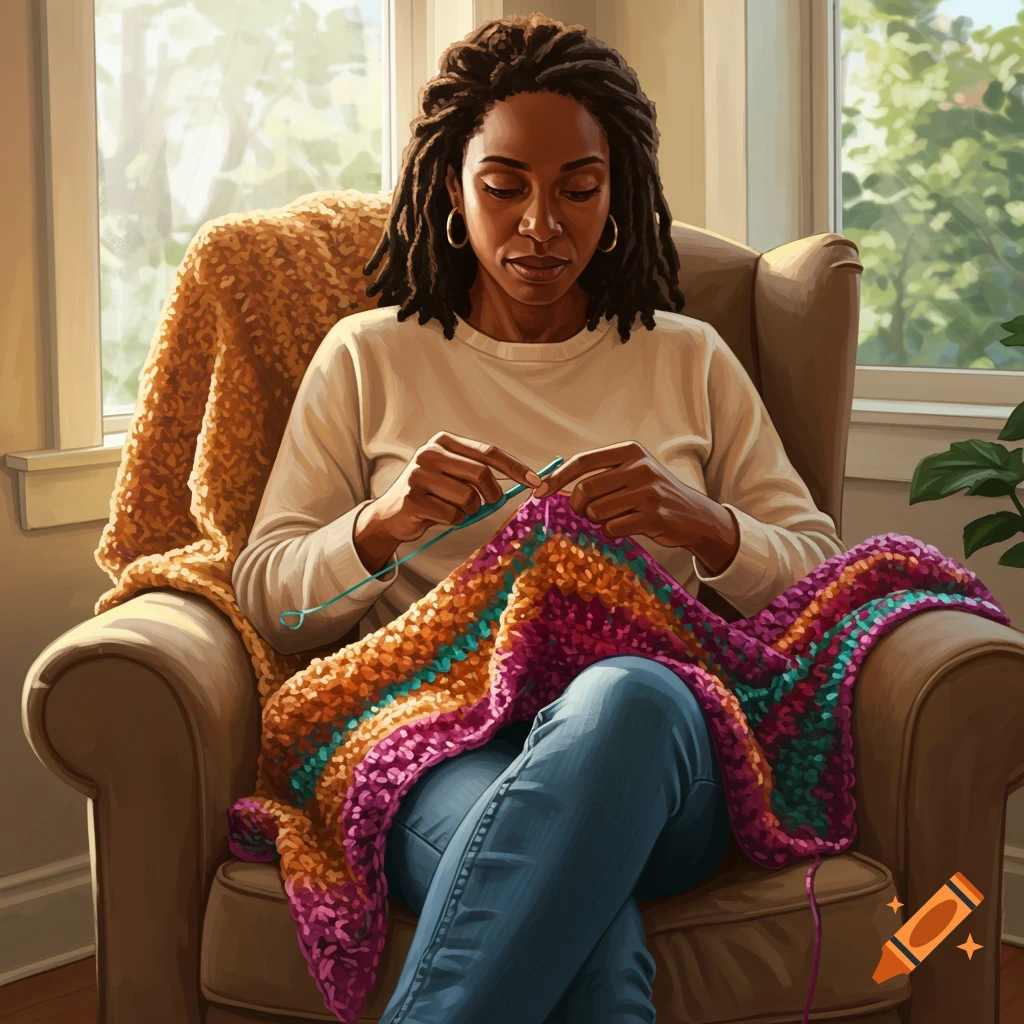 A Black woman sits in a chair by a window, crocheting a colorful blanket in a warm illustration.