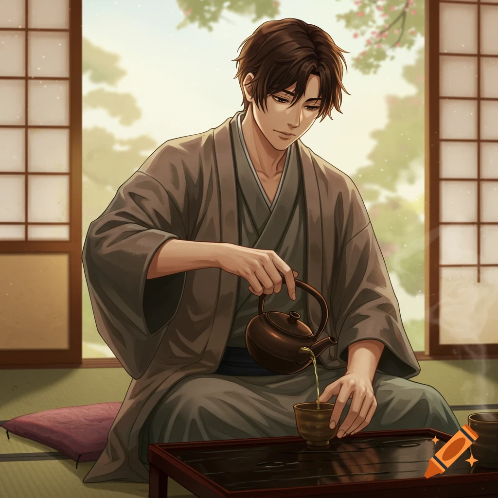 Anime style illustration of a man performing a Japanese tea ceremony.