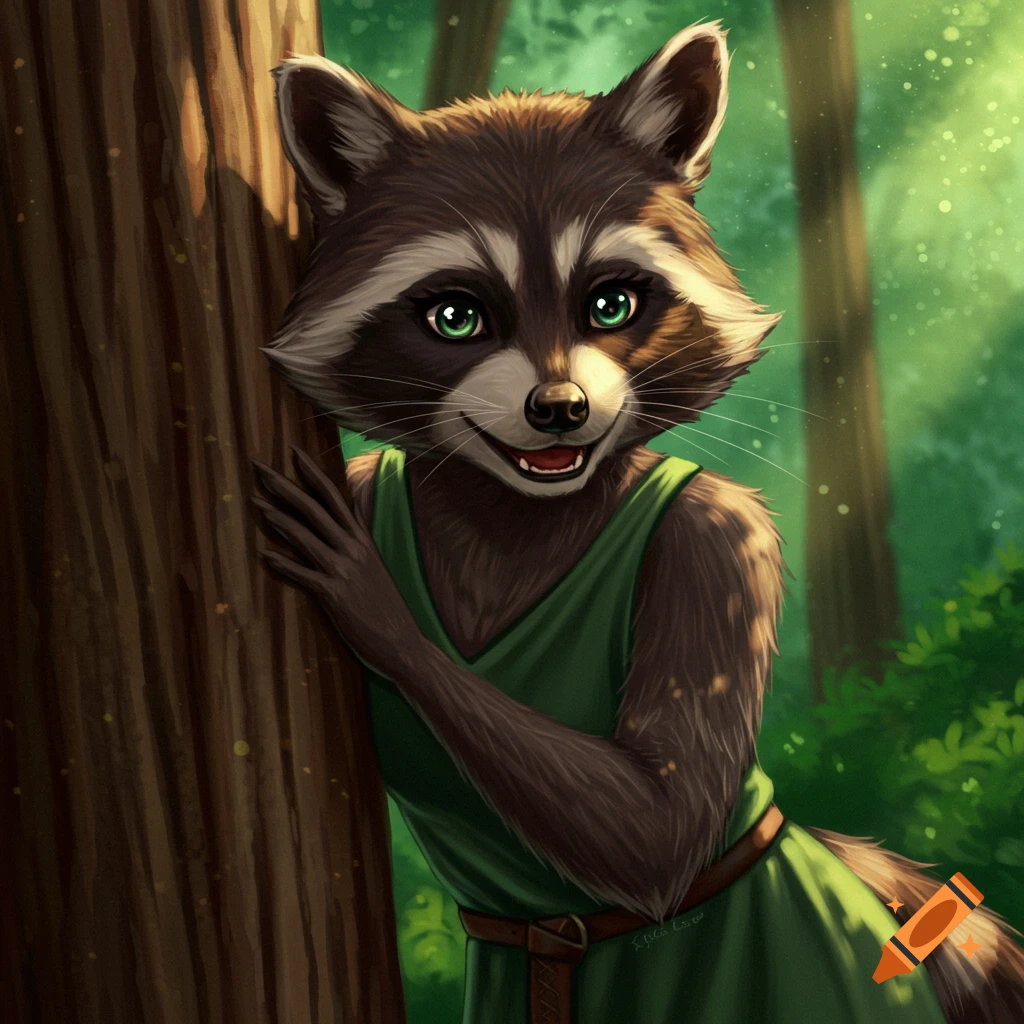 Anthropomorphic raccoon character wearing a green dress peeking from behind a tree in a forest illustration.