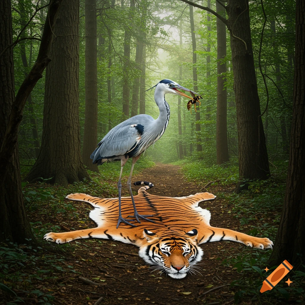A heron stands on a tiger skin rug on a forest path, holding a wasp in its beak.