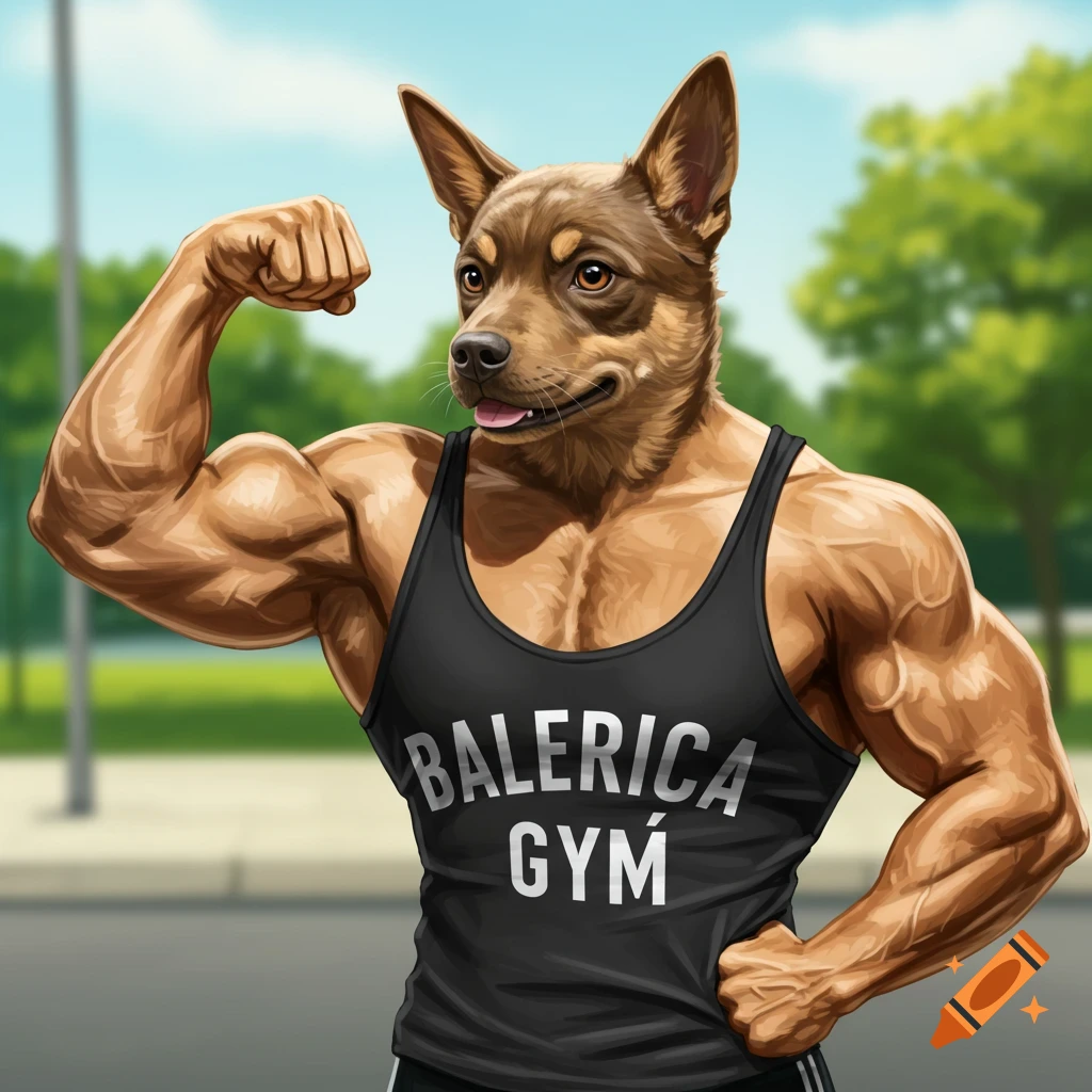 A muscular anthropomorphic dog in a Balerica Gym tank top flexes its bicep outdoors.