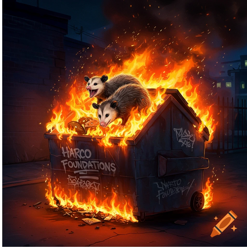 Two opossums sit atop a flaming dumpster in an urban alley at night.