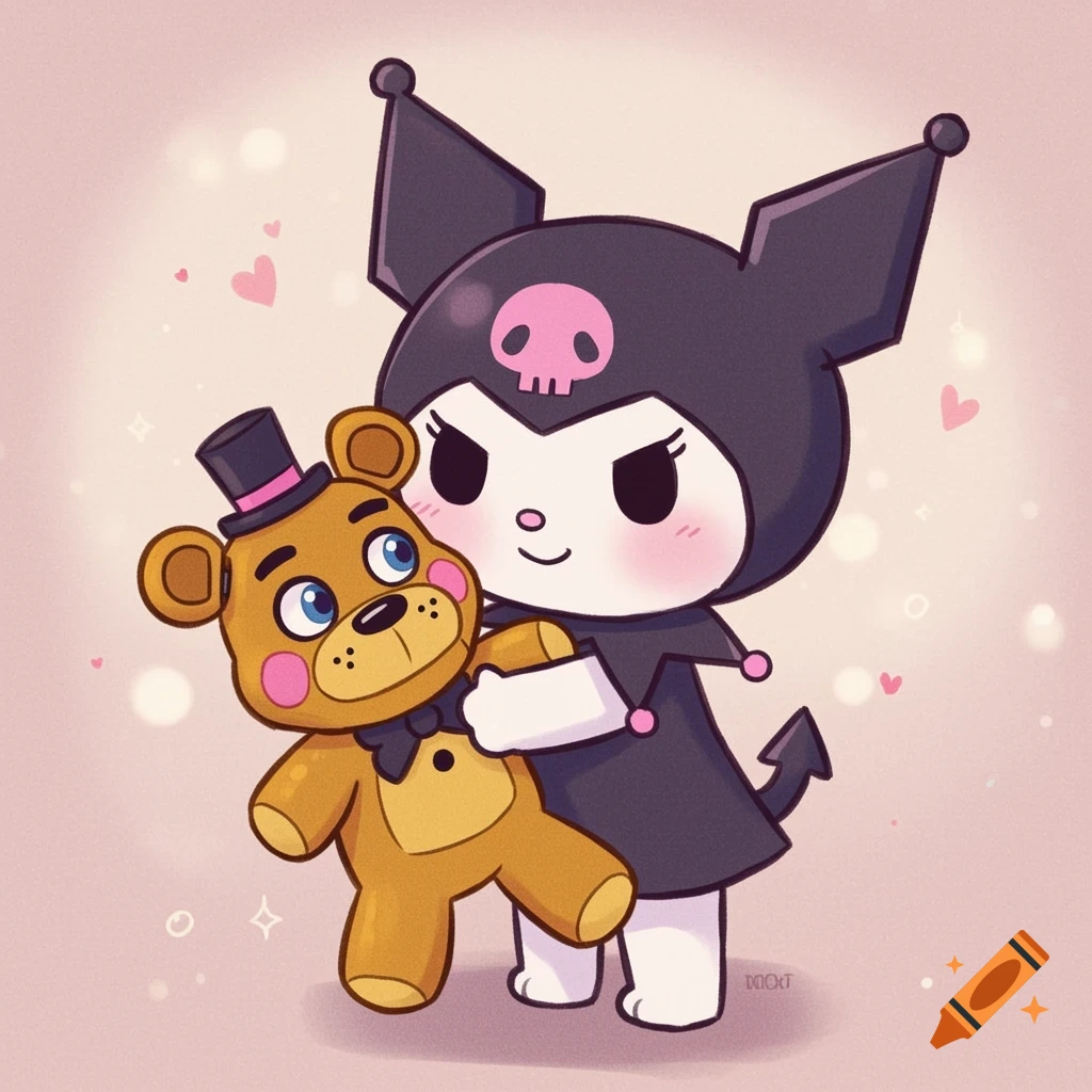 Cute illustration of Kuromi hugging a golden Freddy plush.