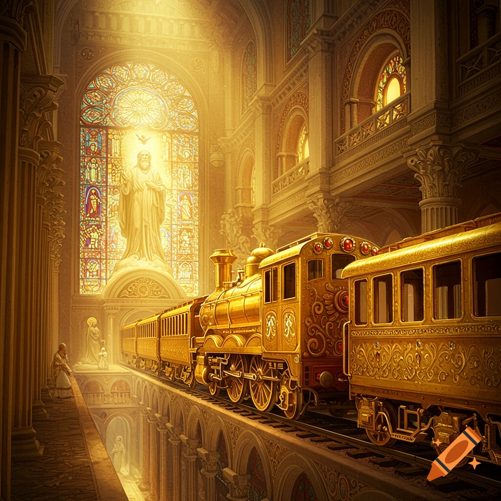 A golden train on tracks inside a grand temple with high arched ceilings, columns, stained glass windows, and a statue of a figure bathed in light.