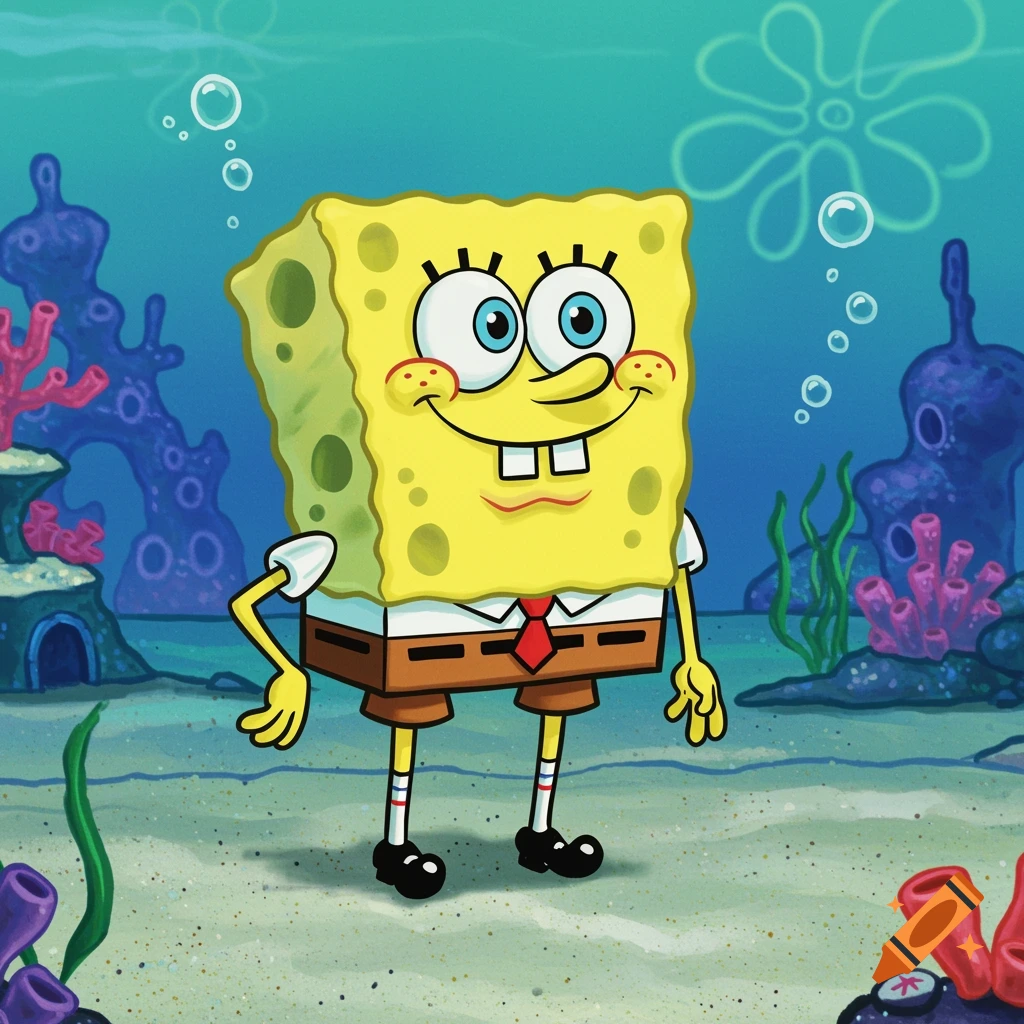 SpongeBob SquarePants stands smiling on the ocean floor.