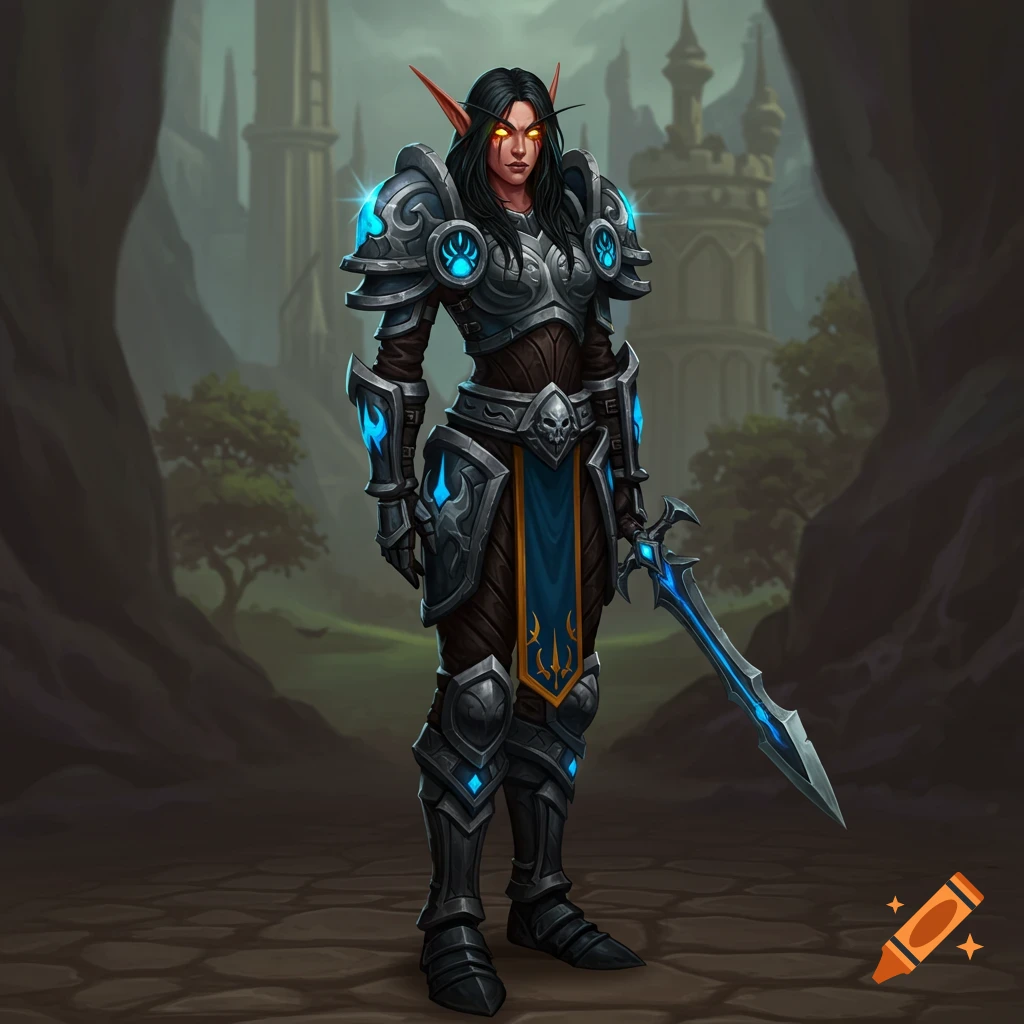 A female World of Warcraft blood elf paladin in full armor holding a glowing sword in a fantasy landscape.