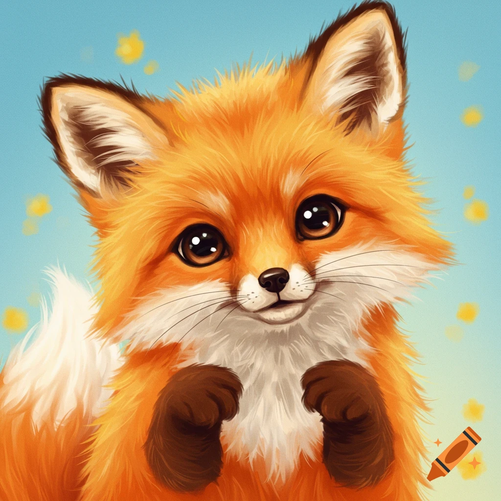 A cute cartoon fox with big eyes looks at the viewer.