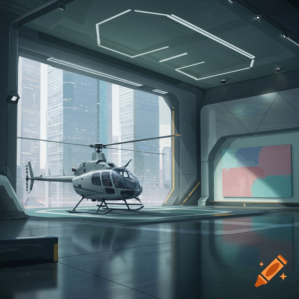A helicopter sits in a futuristic indoor heliport overlooking a city skyline