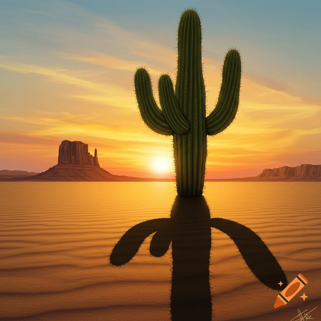 A large saguaro cactus casts a long shadow on rippling sand at sunset in a desert landscape with buttes in the background.